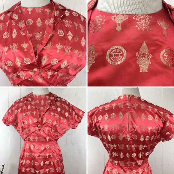 Vintage Red & Gold Asian Handmade Cocktail Dress - Picture 7 of 8